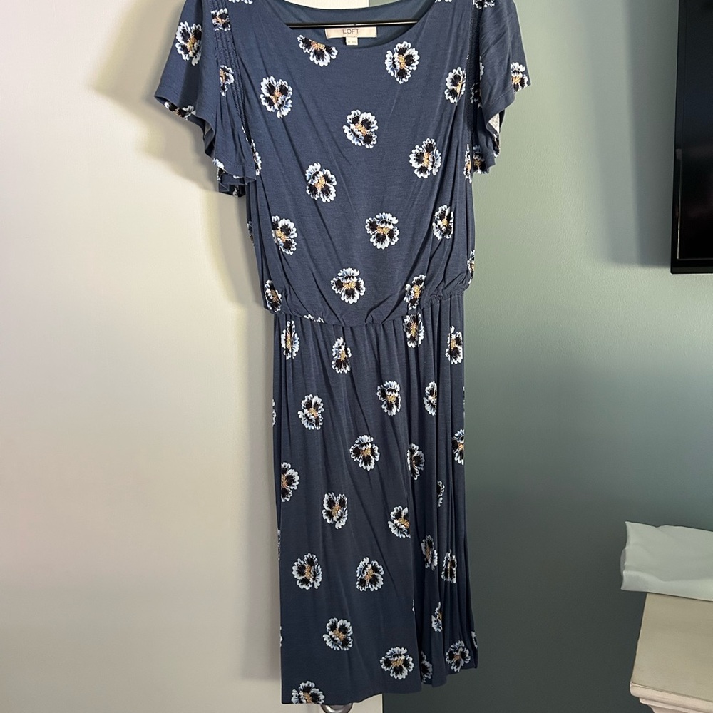 LOFT Blue and White Flutter Sleeve Midi Sundress